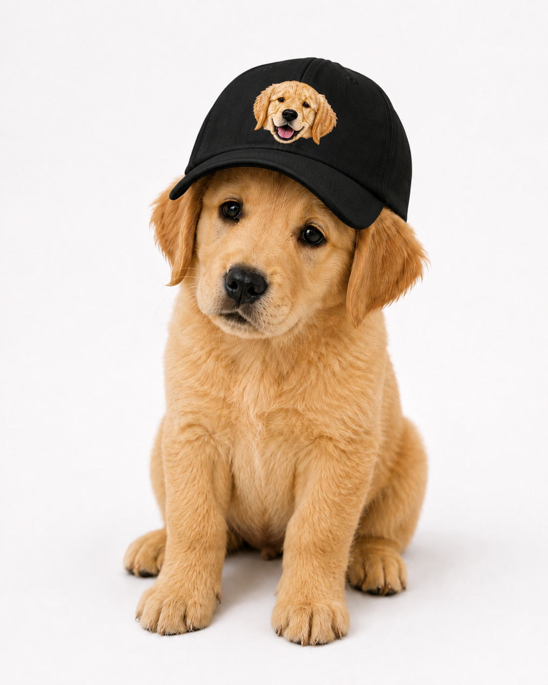 Black embroidered pet cap worn by a golden retriever puppy, front view