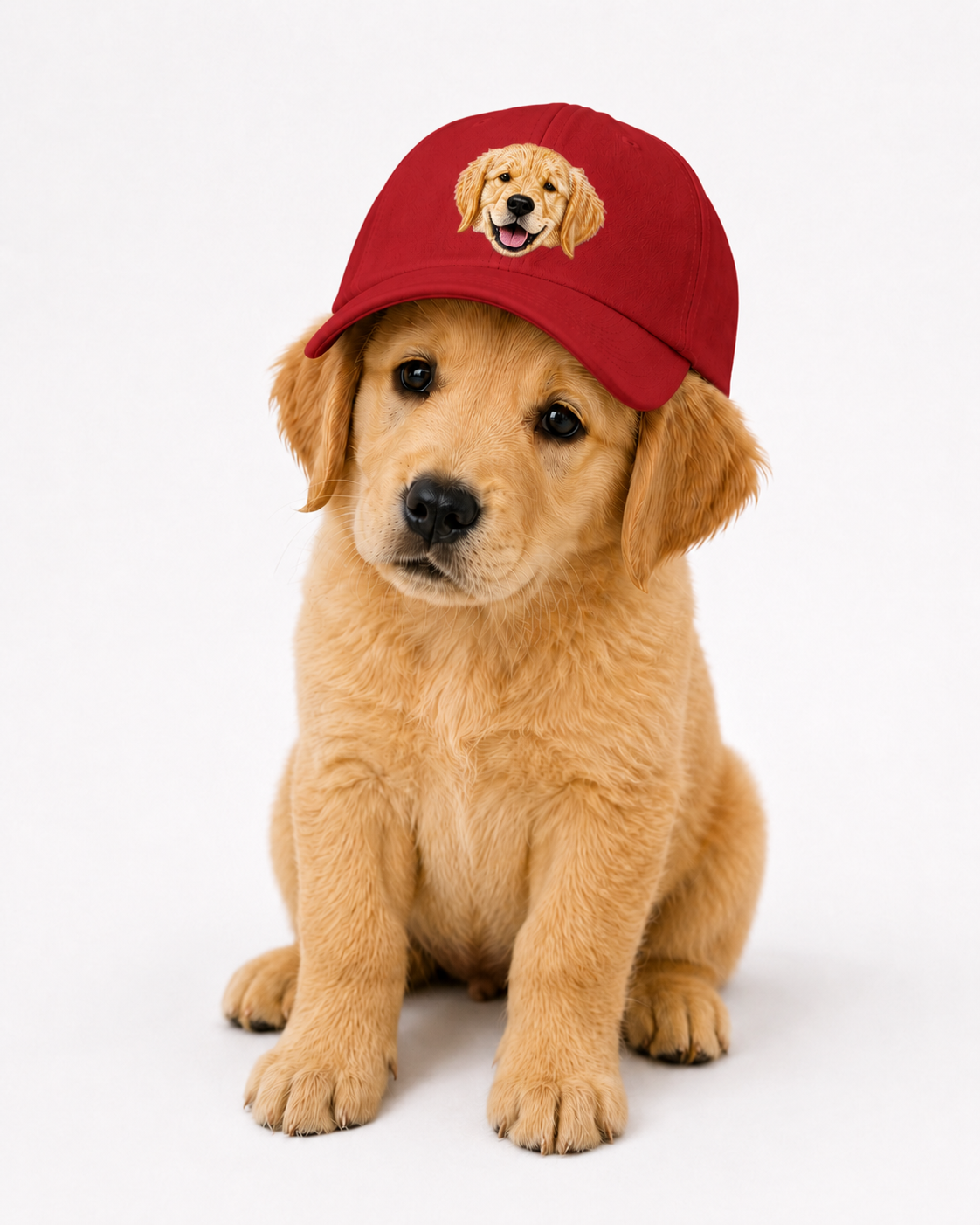Cranberry embroidered pet cap worn by a golden retriever puppy, front view
