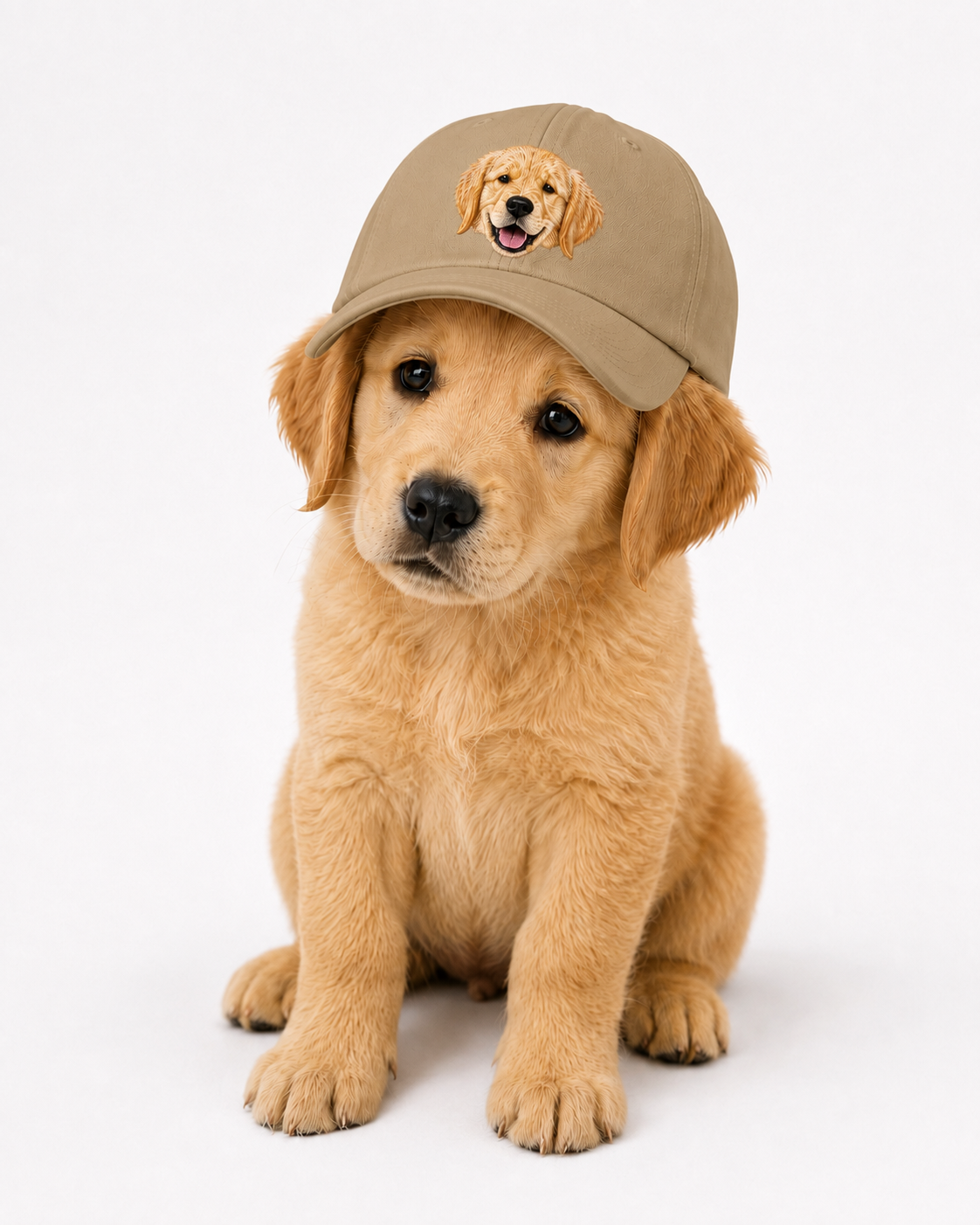 Khaki embroidered pet cap worn by a golden retriever puppy, front view