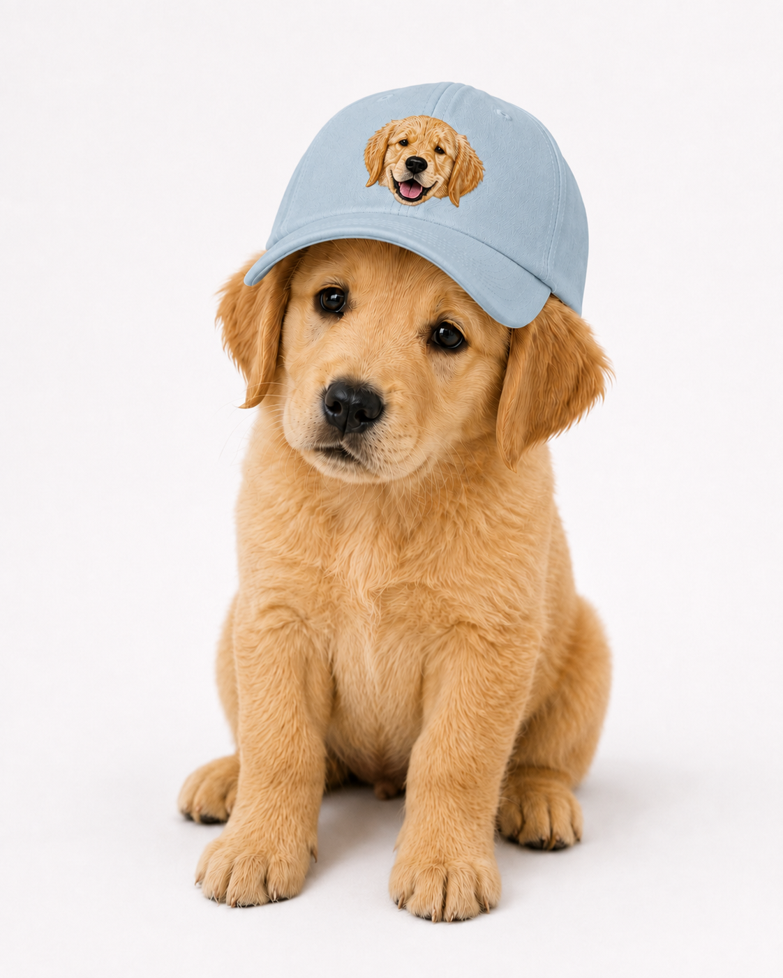 Light Blue embroidered pet cap worn by a golden retriever puppy, front view
