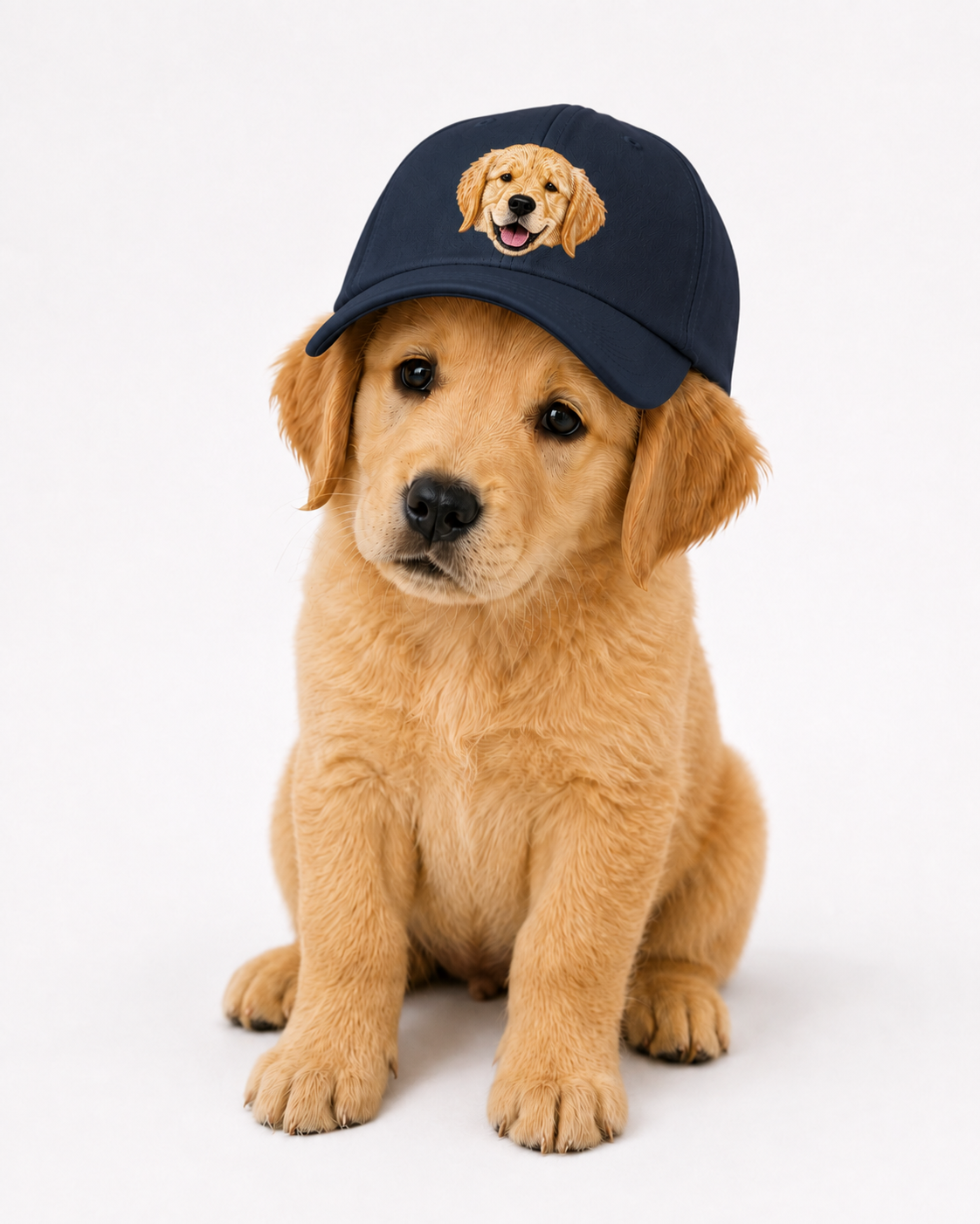 Navy embroidered pet cap worn by a golden retriever puppy, front view