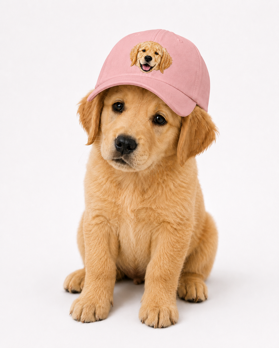 Pink embroidered pet cap worn by a golden retriever puppy, front view