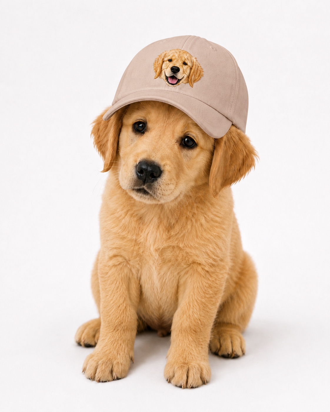 Stone embroidered pet cap worn by a golden retriever puppy, front view