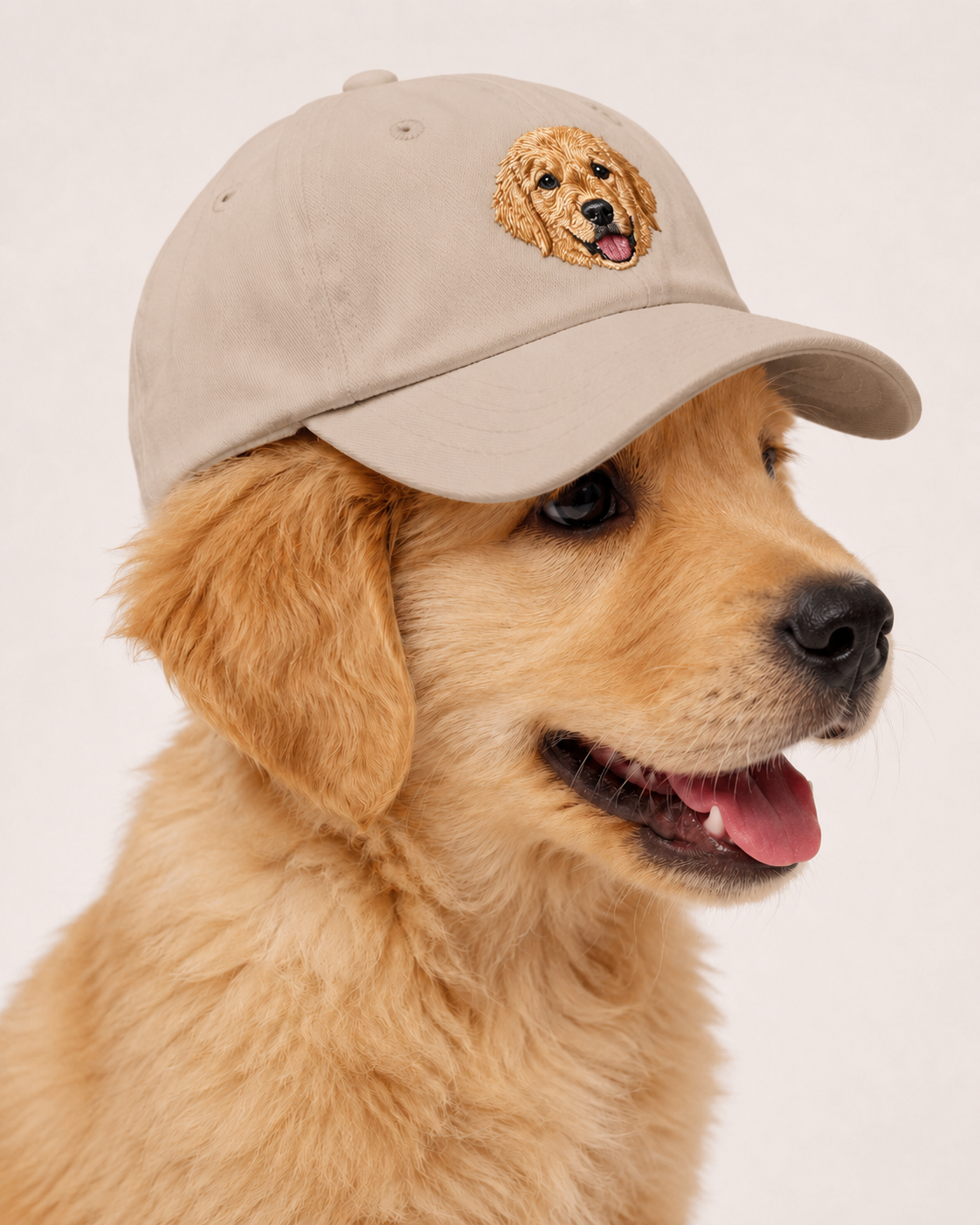 Stone cap embroidered with a golden retriever portrait, three-quarter view