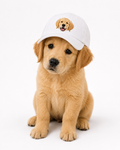 White embroidered pet cap worn by a golden retriever puppy, front view