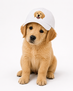White embroidered pet cap worn by a golden retriever puppy, front view