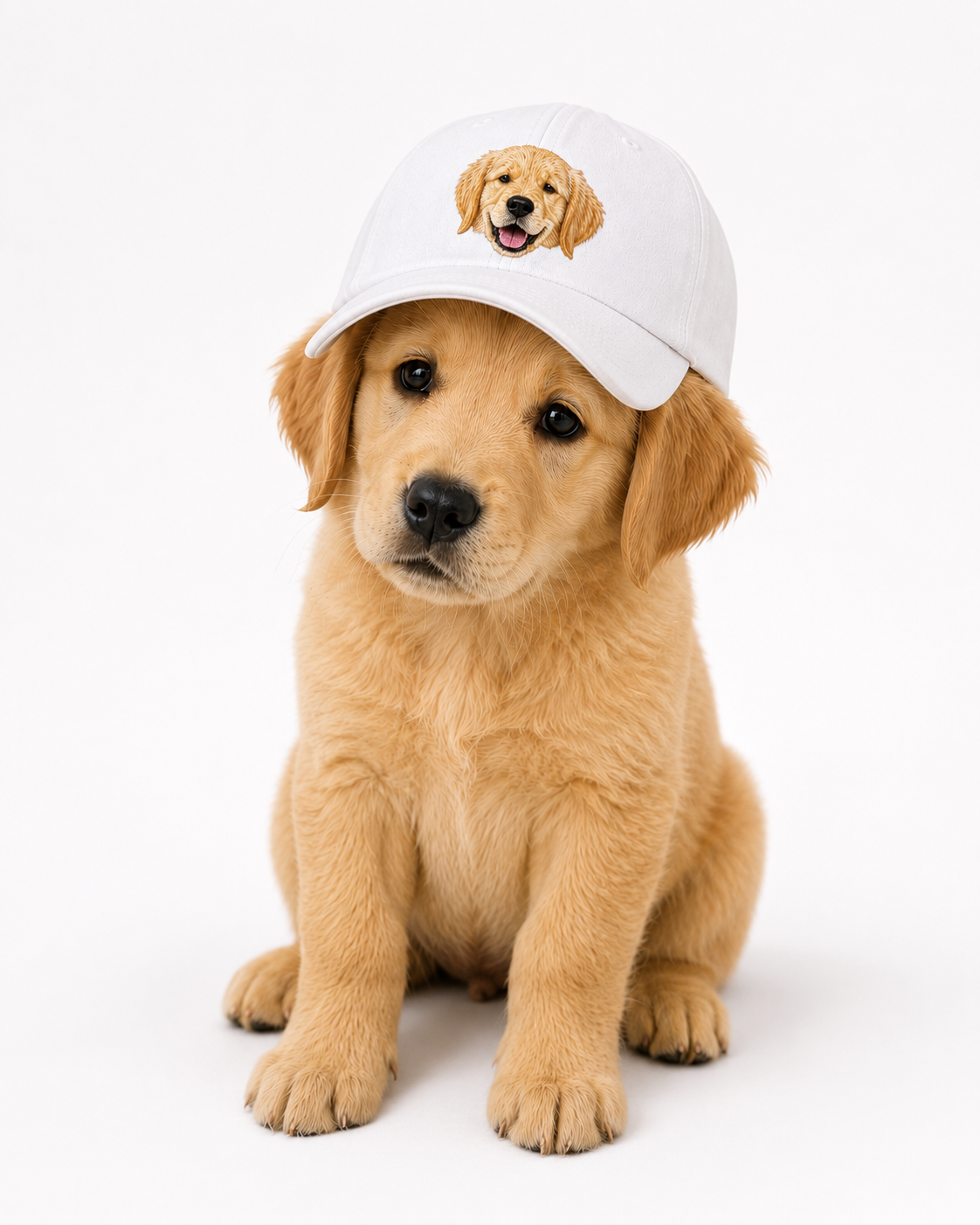 White embroidered pet cap worn by a golden retriever puppy, front view