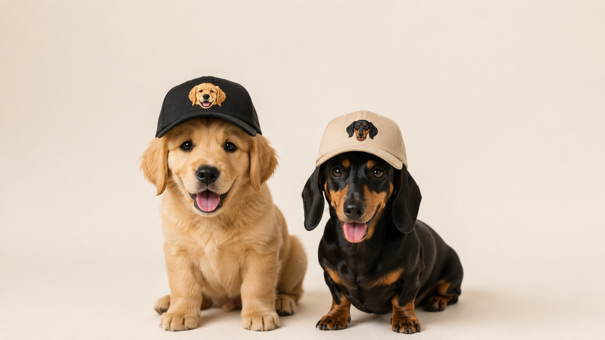 A golden retriever puppy in a black embroidered pet cap beside a dachshund in a stone embroidered pet cap